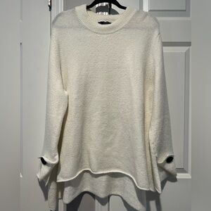 Zara knit oversized scoop neck sweater with black velvet button sleeves.